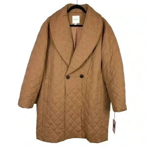 AVEC LES FILLES Tan Brown Quilted Shawl Lapel Double Breasted Coat Plus Size